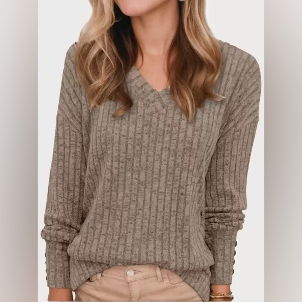 Women's V-Neck Long Sleeve Knit Sweater, Button Detail on Cuffs, Khaki, Size L